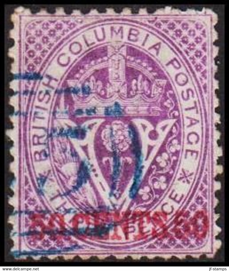 1869-1871. BRITISH COLUMBIA & VANCOUVER ISLAND. 50 CENTS 50 On V & Crown THREE CENTS. Perf. 14. Bluish Can... - JF512559 - Used Stamps
