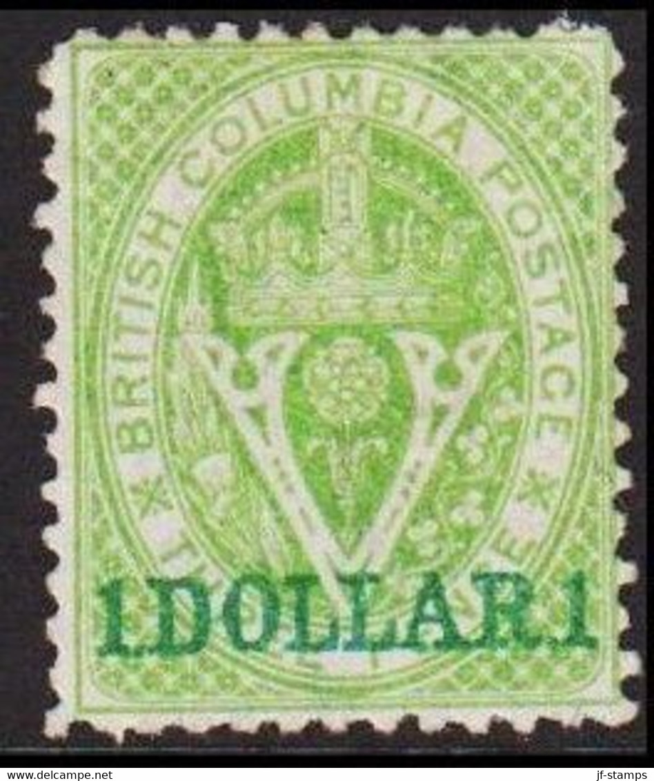 1869-1871. BRITISH COLUMBIA & VANCOUVER ISLAND. 1 DOLLAR 1 On V & Crown THREE CENTS. Perf. 14. Hinged. Sig... - JF512560 - Unused Stamps
