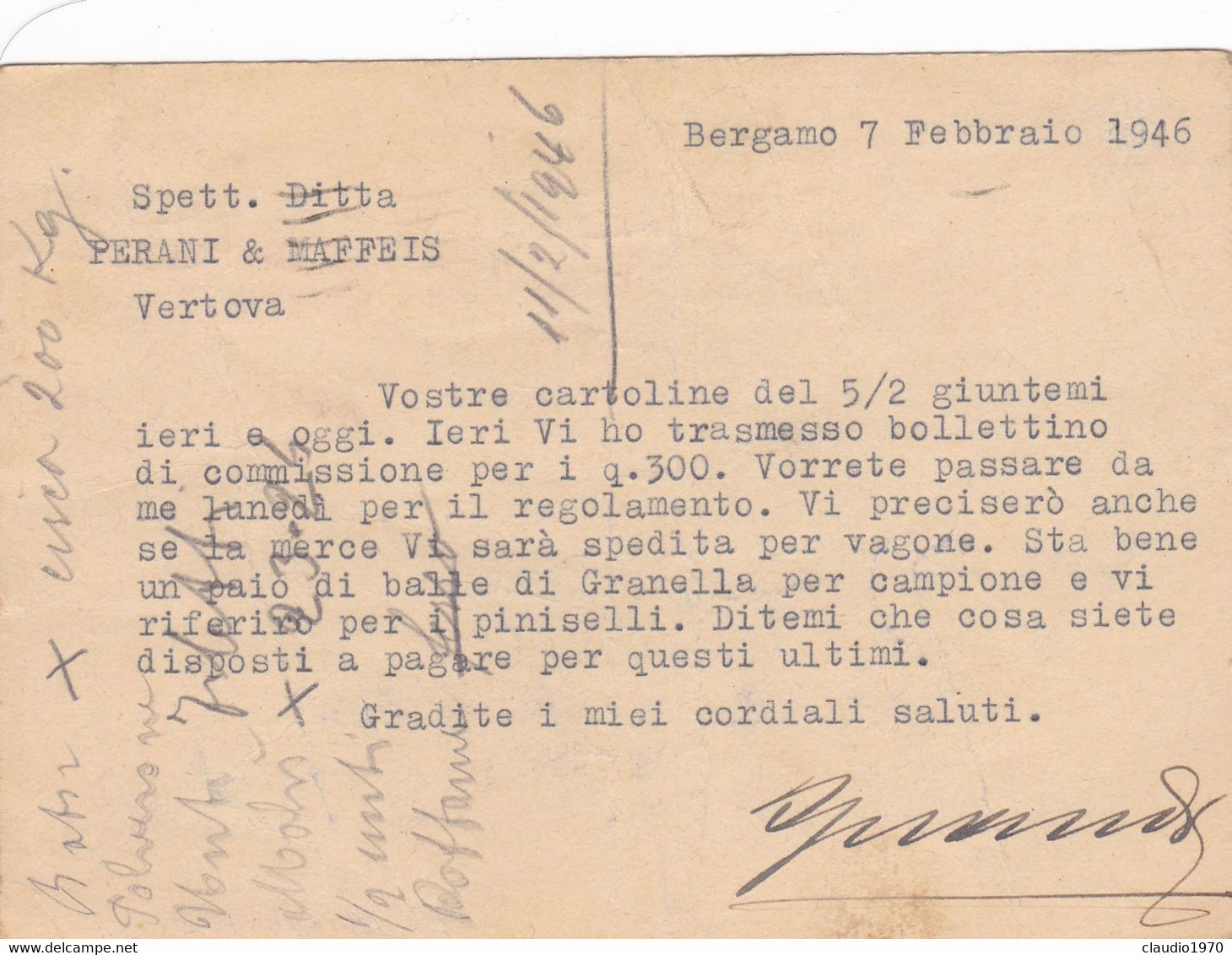 REPUBBLICA -BERGAMO -  INTERO POSTALE L. 50 -  CON F.LLI AGGIUNTA - VG. PER VERONA - Interi Postali