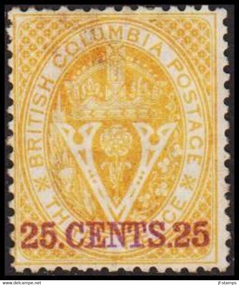 1869-1871. BRITISH COLUMBIA & VANCOUVER ISLAND. 25 CENTS 25 On V & Crown THREE CENTS. Perf. 14. Hinged. - JF512561 - Unused Stamps