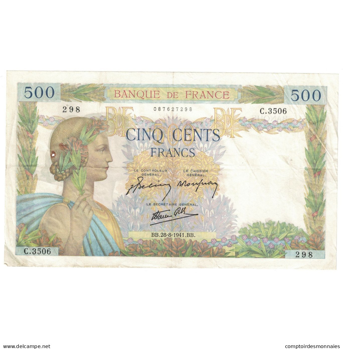 France, 500 Francs, La Paix, 1941, 1941-08-28, TTB, Fayette:32.21, KM:95b - 500 F 1940-1944 ''La Paix''