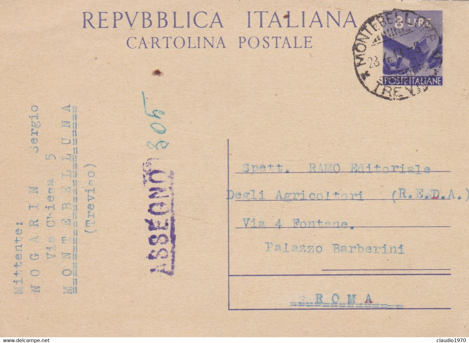 REPUBBLICA  -  MONTEBELLUNA (TREVISO) INTERO POSTALE L. 8 - VG. PER ROMA - Interi Postali