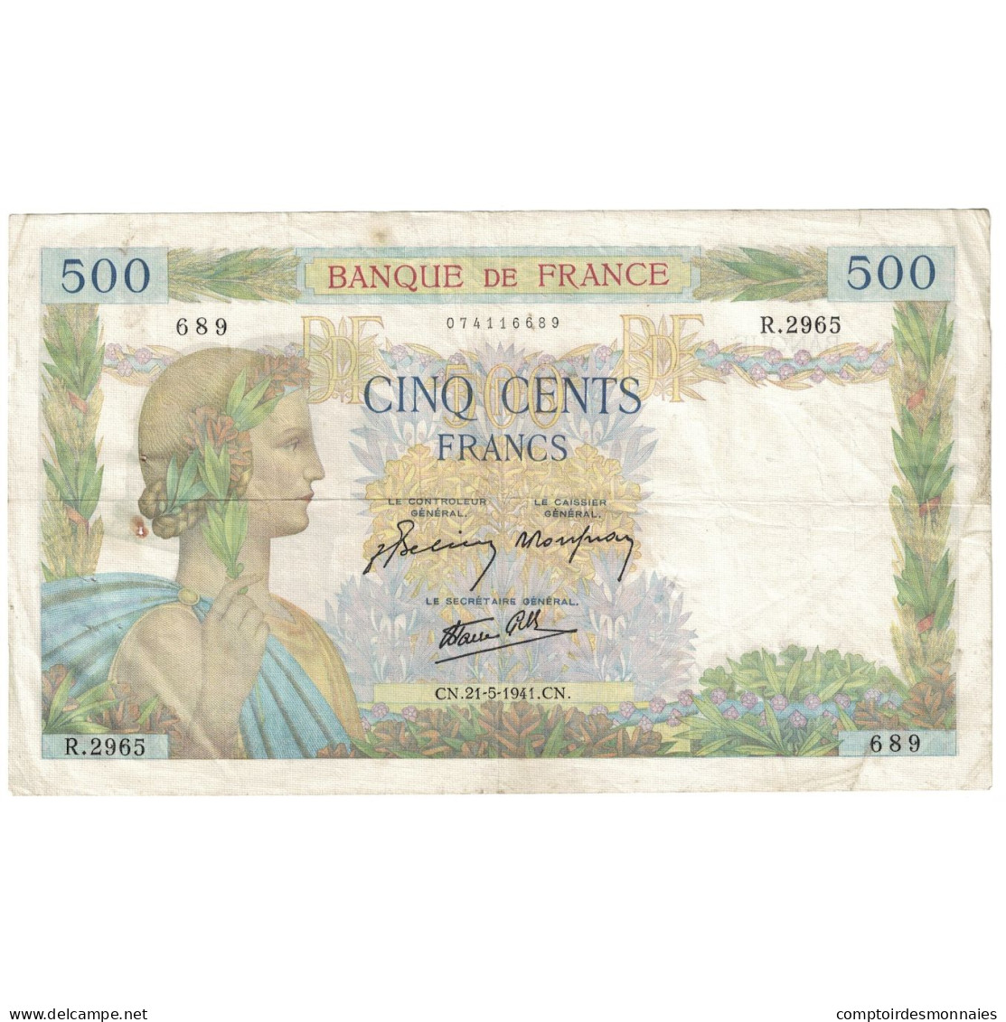 France, 500 Francs, La Paix, 1941, 1941-05-21, TB+, Fayette:32.17, KM:95b - 500 F 1940-1944 ''La Paix''