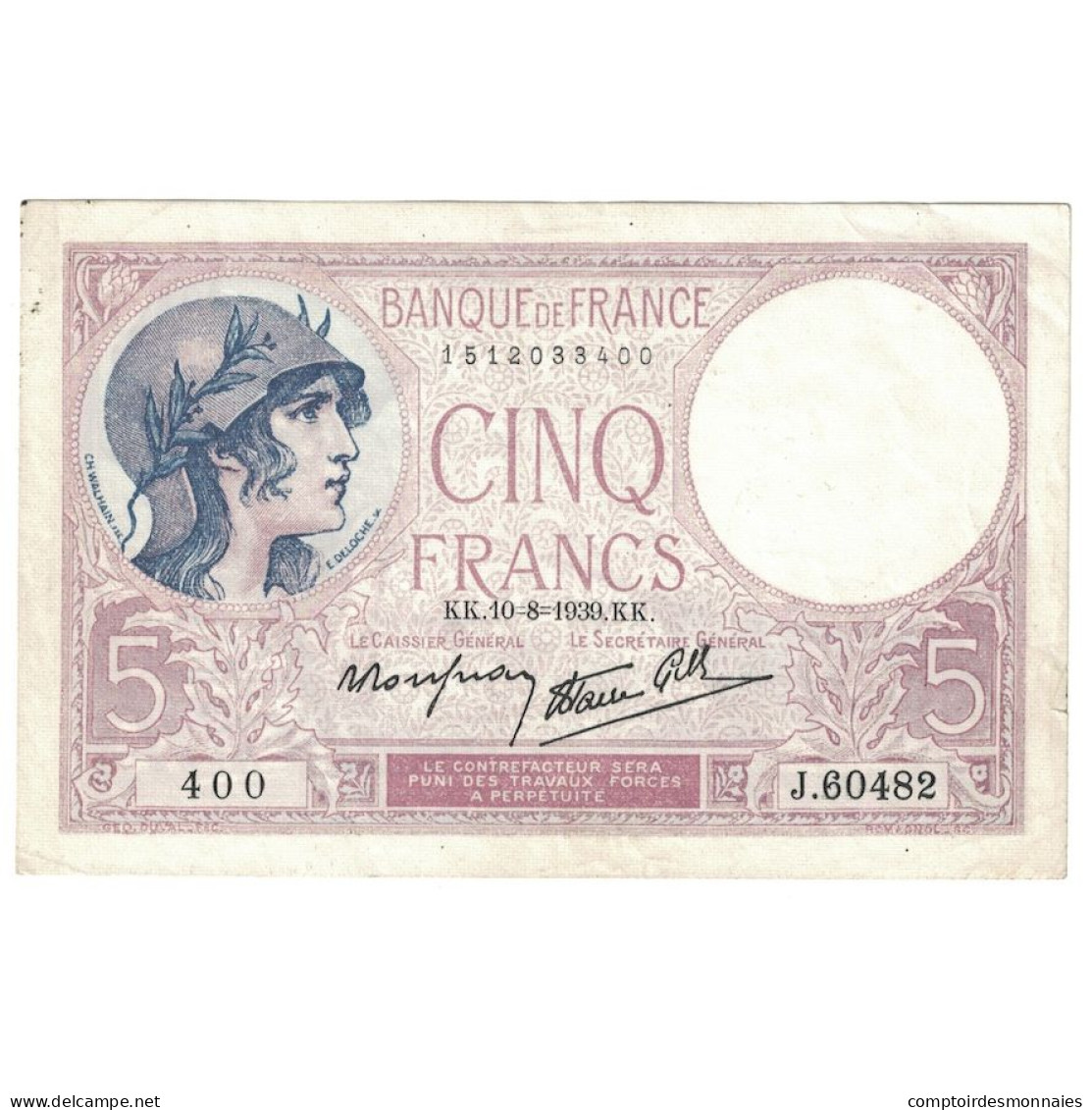 France, 5 Francs, Violet, 1939, 1939-08-10, TTB+, Fayette:4.5, KM:83 - 5 F 1917-1940 ''Violet''