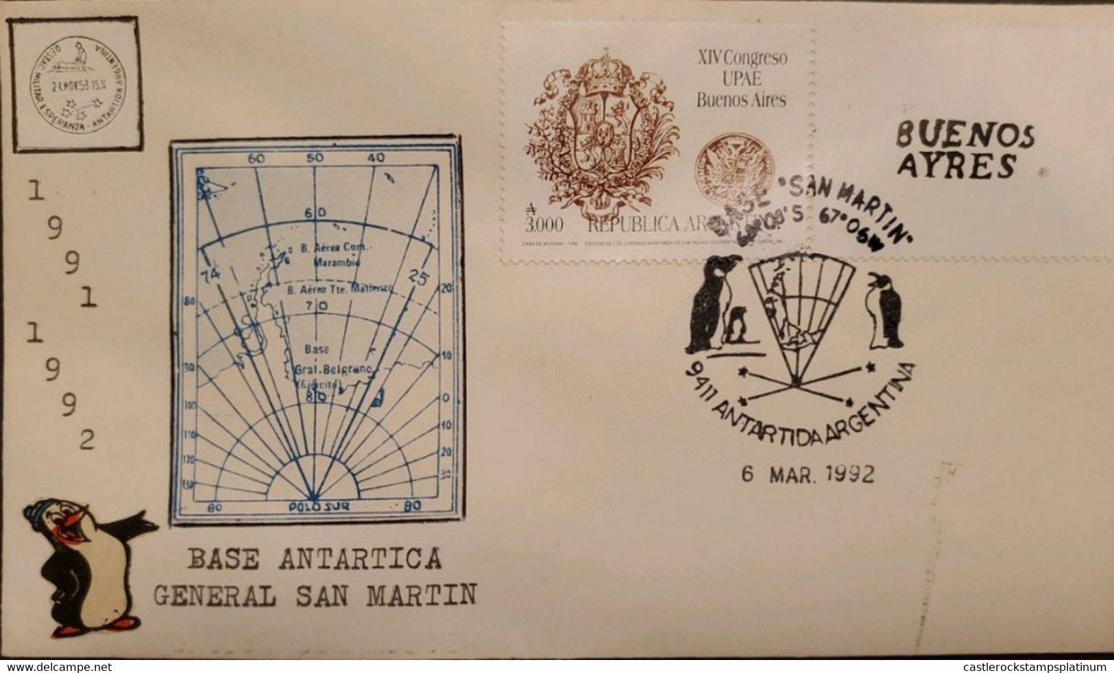 P) 1992 ARGENTINA, COVER, UPAEP, MAP ANTARCTICA BASE SAN MARTIN, SPAIN-AMERICA SHIELD STAMP, XF - Sonstige & Ohne Zuordnung