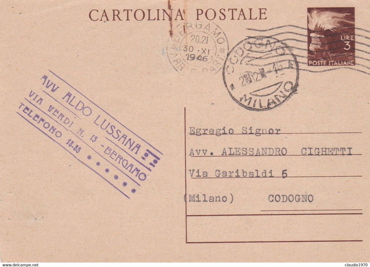 REPUBBLICA  - BERGAMO -  INTERO POSTALE L. 3 - VIAGGIATA PER CODOGNO (LODI) - Interi Postali