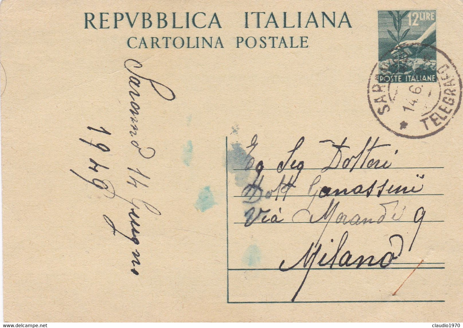 REPUBBLICA  - SARONNO (VA) -  INTERO POSTALE L. 12 - VIAGGIATA PER MILANO - Interi Postali