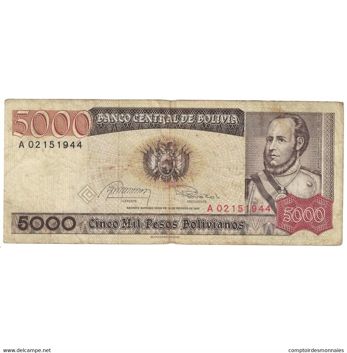 Billet, Bolivie, 5000 Pesos Bolivianos, 1981-1984, KM:168a, B - Bolivie