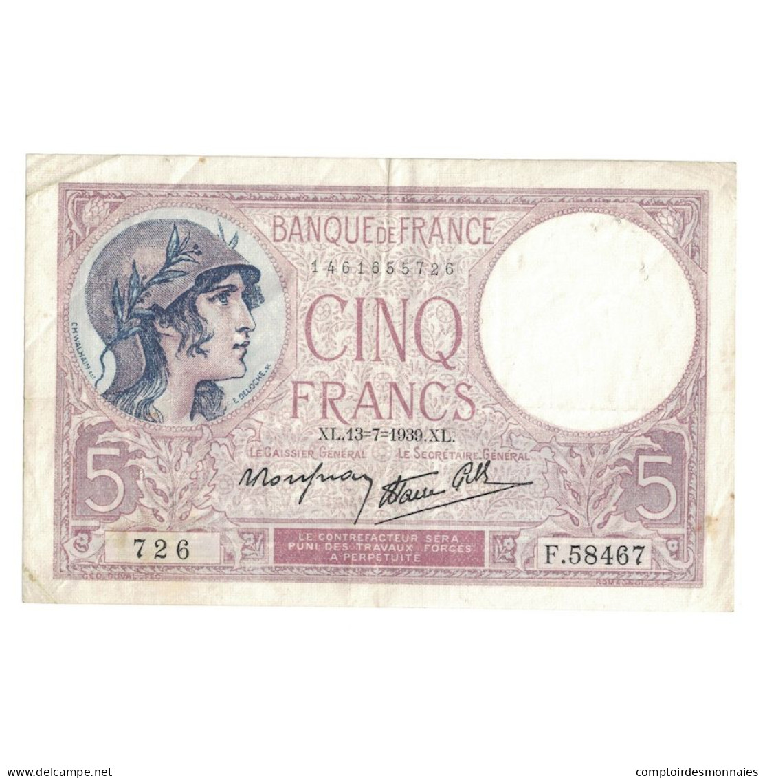 France, 5 Francs, Violet, 1939, 1939-07-13, TB+, Fayette:4.1, KM:83 - 5 F 1917-1940 ''Violet''