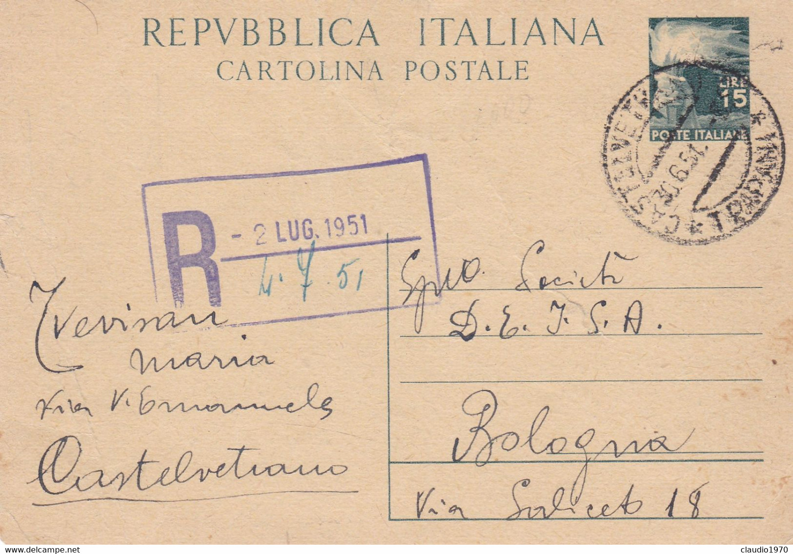 REPUBBLICA  - CASTELVETRANO ( TRAPANI) -  INTERO POSTALE L. 15 - VIAGGIATA PER BOLOGNA - Interi Postali