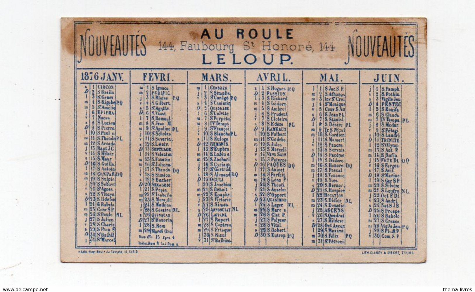 Paris: Fb St Honoré : Calendrier-chromo 1er Trimestre 1876    AU ROULE    (PPP33783) - Small : ...-1900