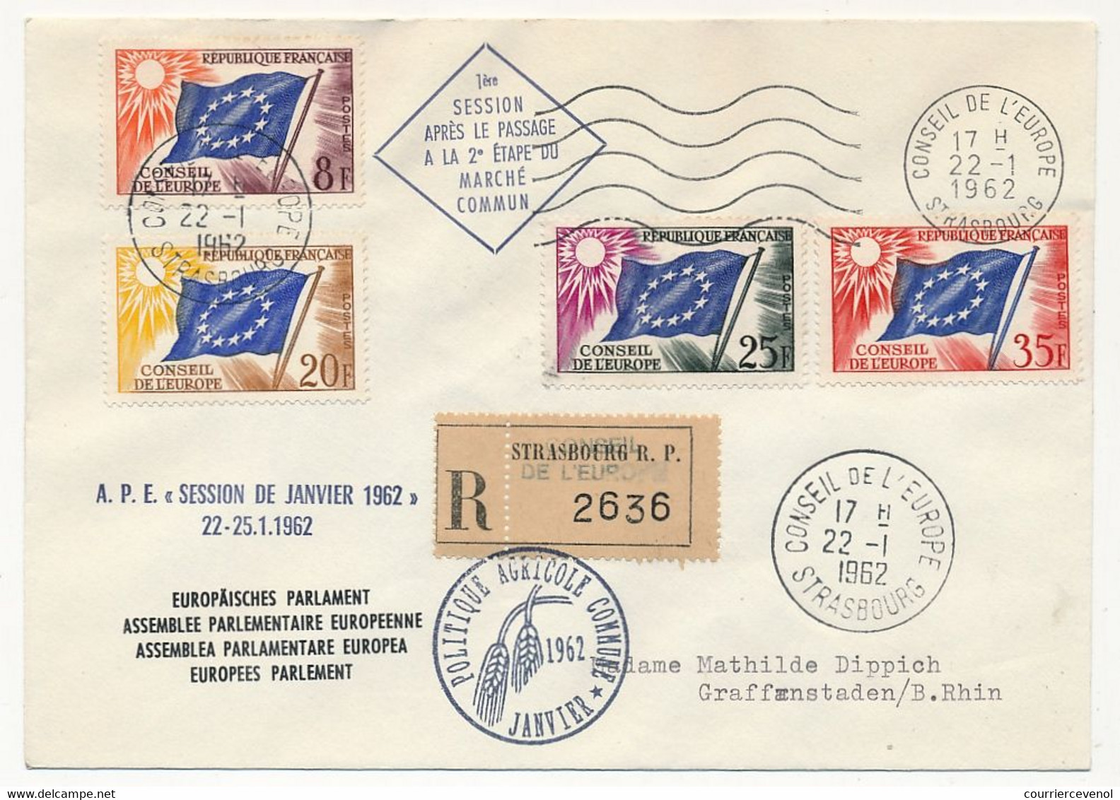 FRANCE => Env Affr Composé, Rec De Strasbourg RP Conseil De L'Europe, "Politique Agricole Commune 1962" 22/1/1962 - Covers & Documents