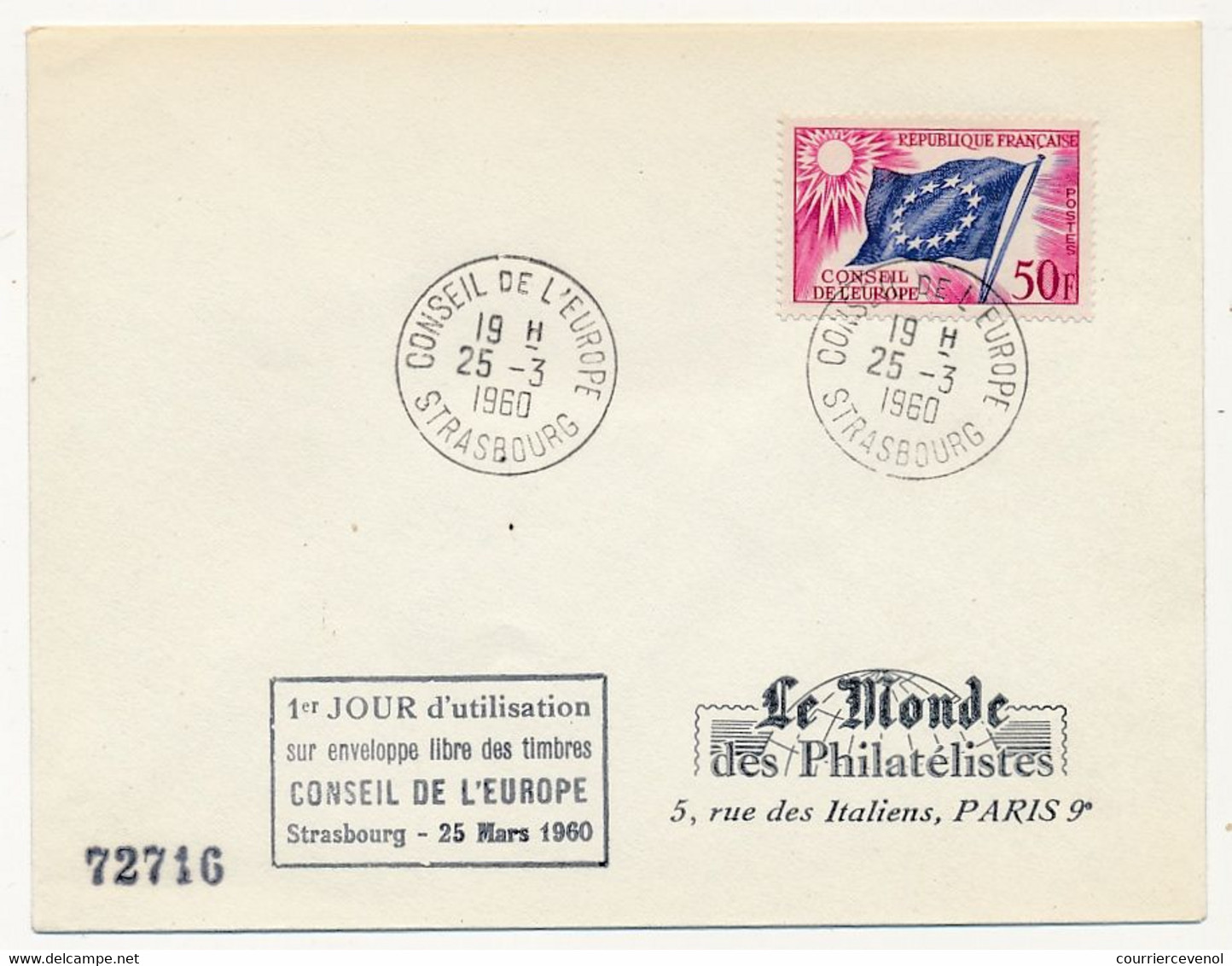 FRANCE => 4 enveloppes 1e jour d'utilisation sur enveloppe libre des timbres Conseil de l'Europe - Strasbourg -25/3/1960