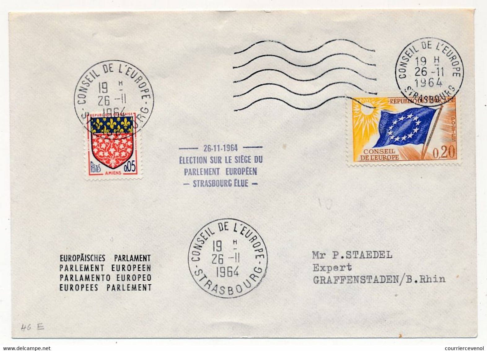 FRANCE => Env. Affr 0,20 Drapeau C.E. + Blason Amiens - Election Sur Le Siège Du Parlement Européen - 26/11/1964 - Storia Postale