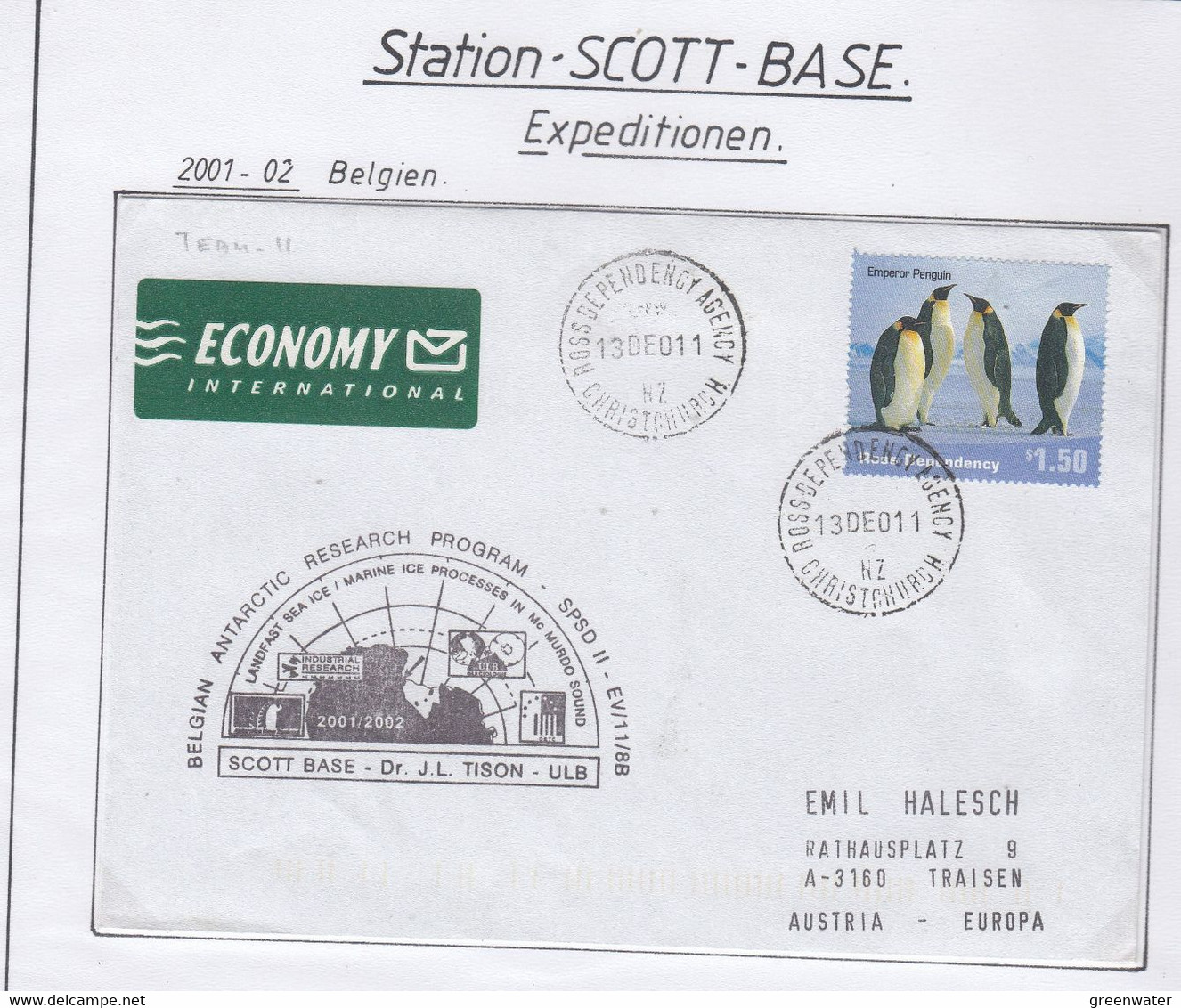 Ross Dependency 2001 Belgian Antarctic Research Programm Scott Base Ca 13 DE 01 (SC118A) - Covers & Documents