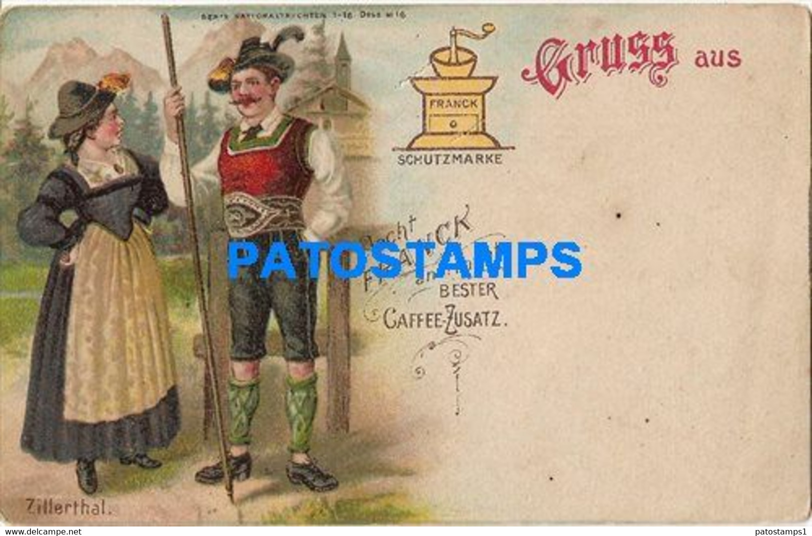 175984 SWITZERLAND GRUSS AUS ZILLERTHAL ART COSTUMES COUPLE PUBLICITY BESTER CAFFEE ZUSATZ POSTAL POSTCARD - Thal