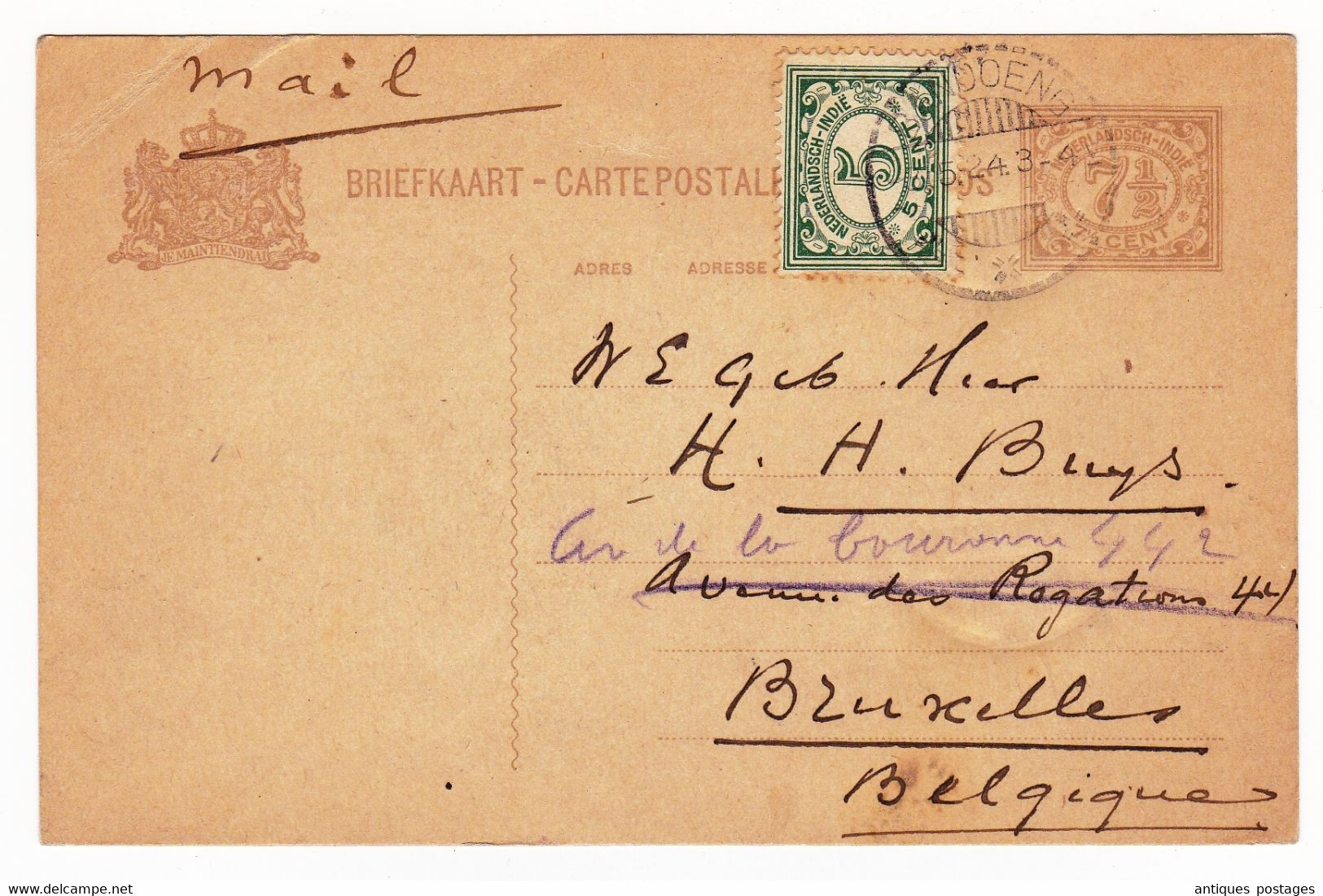 Entier Postal Bandoeng 1924 Bandung Java Indonésie Ned Indie Bruxelles Belgique - Niederländisch-Indien