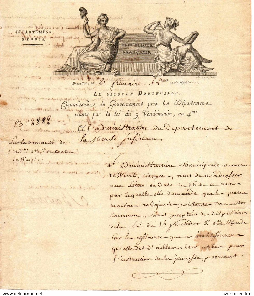 LETTRE A ENTETE . REVOLUTION FRANCAISE . DEPARTEMENT REUNIS . BRUXELLES .BOUTEVILLE COMMISSAIRE - Documentos Históricos