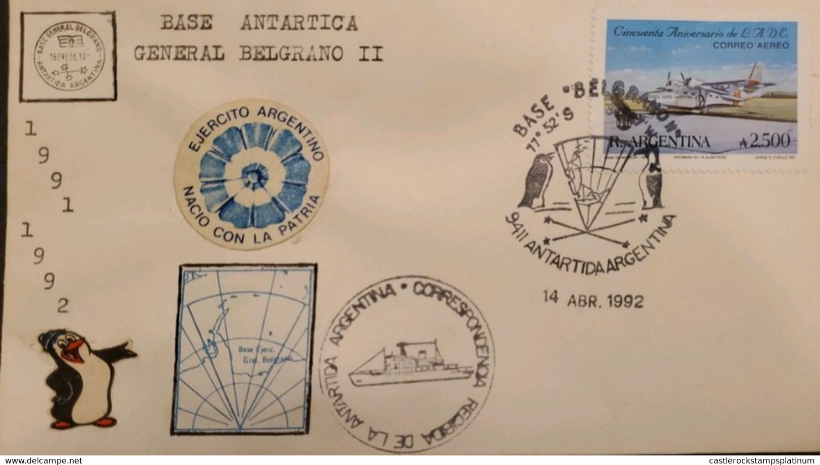 P) 1992 ARGENTINA, COVER, MAP ANTARCTICA BASE BELGRANO II, 50TH ANNIVERSARY L.A.D.E GRUMMAN STAMP, AIRMAIL, XF - Andere & Zonder Classificatie