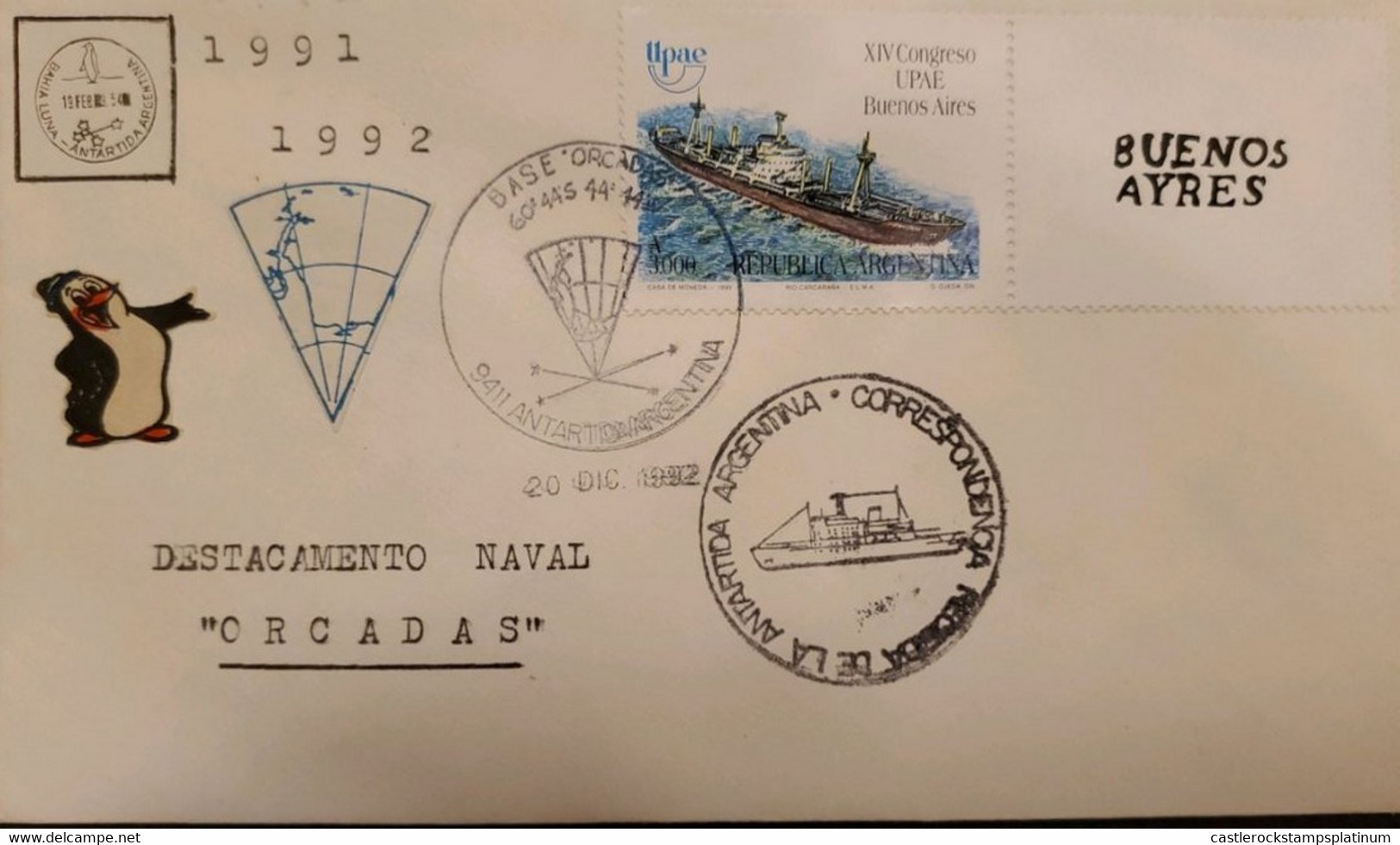 P) 1992 ARGENTINA, COVER, UPAEP, MAP ANTARCTICA BASE ORCADAS, SPAIN-AMERICA FREIGHTER STAMP, XF - Altri & Non Classificati