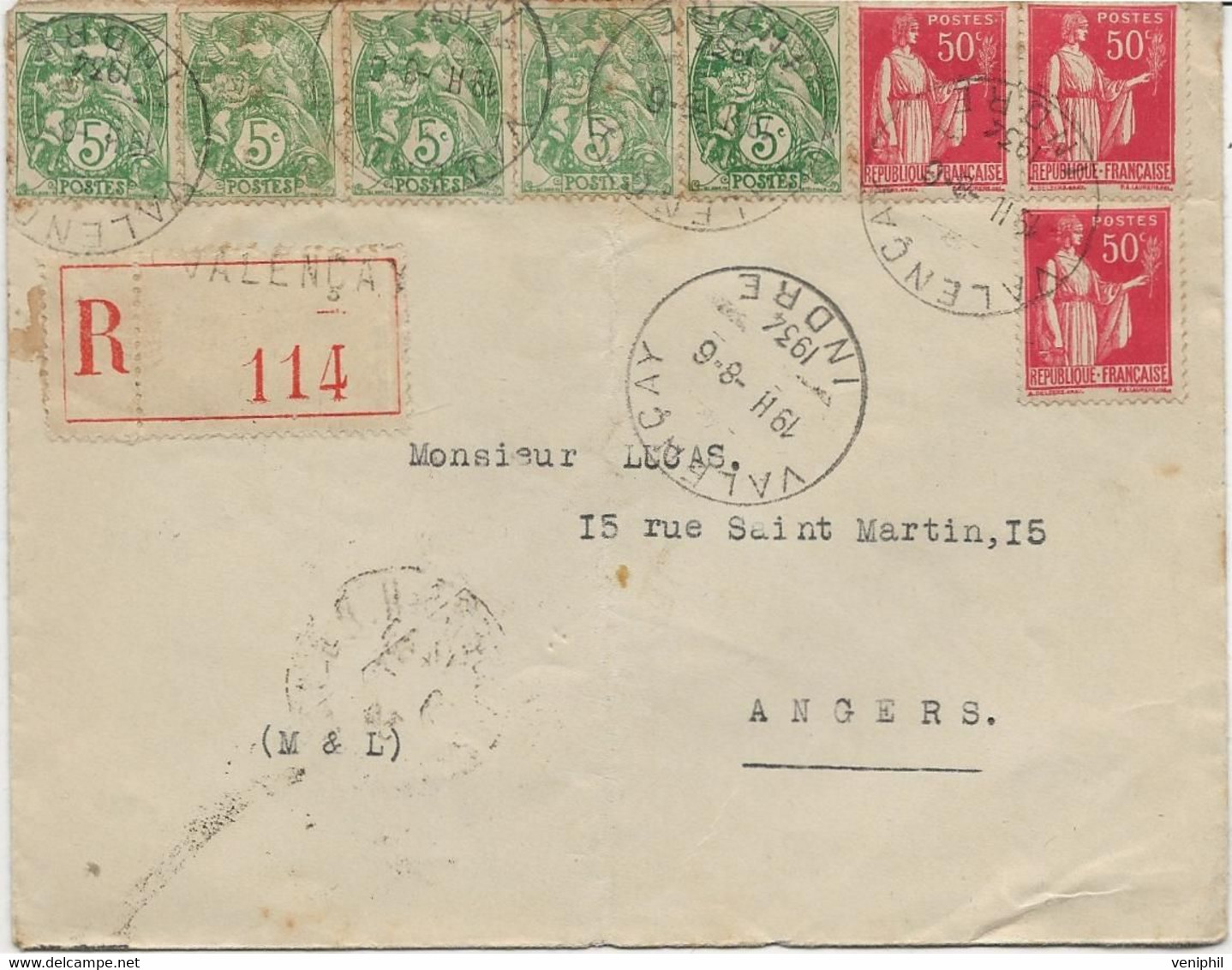LETTRE AFFRANCHIE N° 111 - 5 EXEMPLAIRES + N° 283 X3 - OBLITEREE CAD VALENCAY -INDRE -1934 - Manual Postmarks
