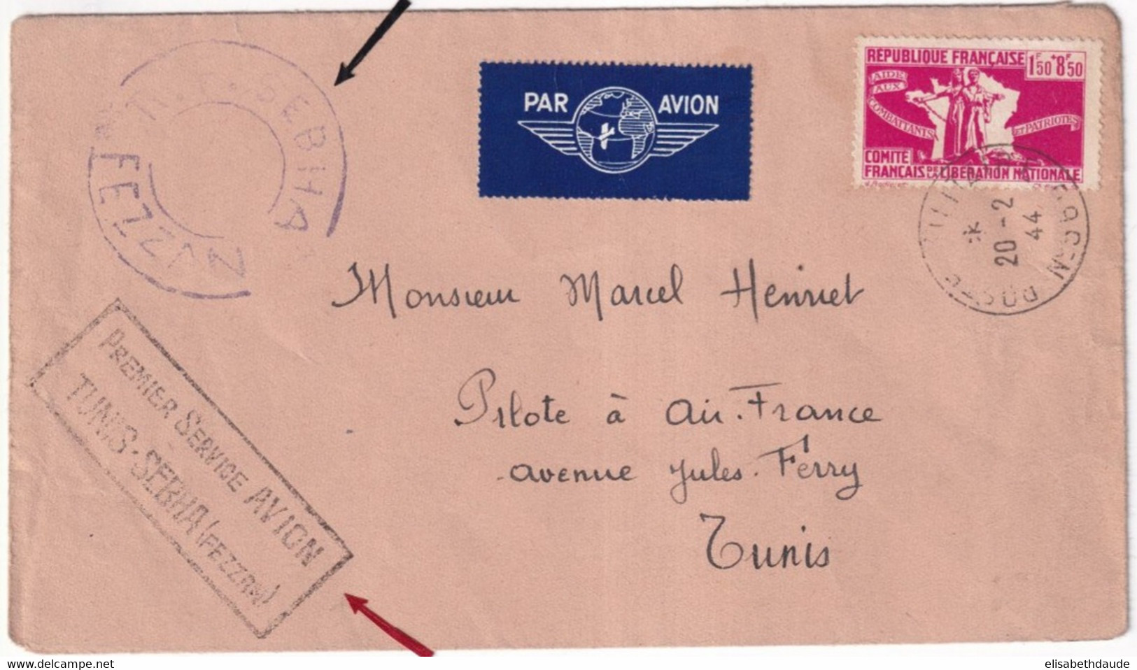 1944 - FEZZAN - RARE ENVELOPPE De SEBHA => TUNIS - 1° SERVICE AERIEN ! POSTE MILITAIRE 560 - Covers & Documents