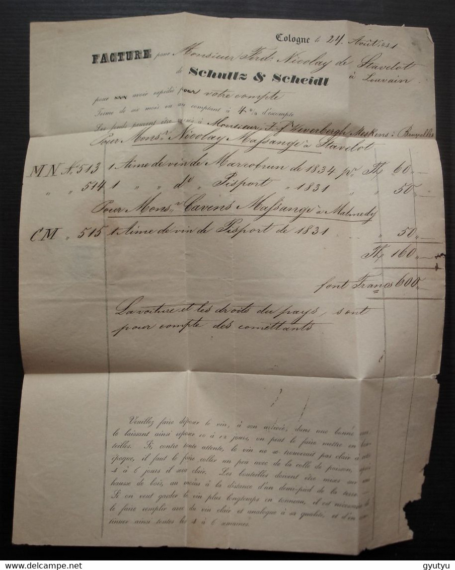Coeln Cologne 1841 Facture De Schultz & Scheidt Pour Louvain, Belgique - Precursores