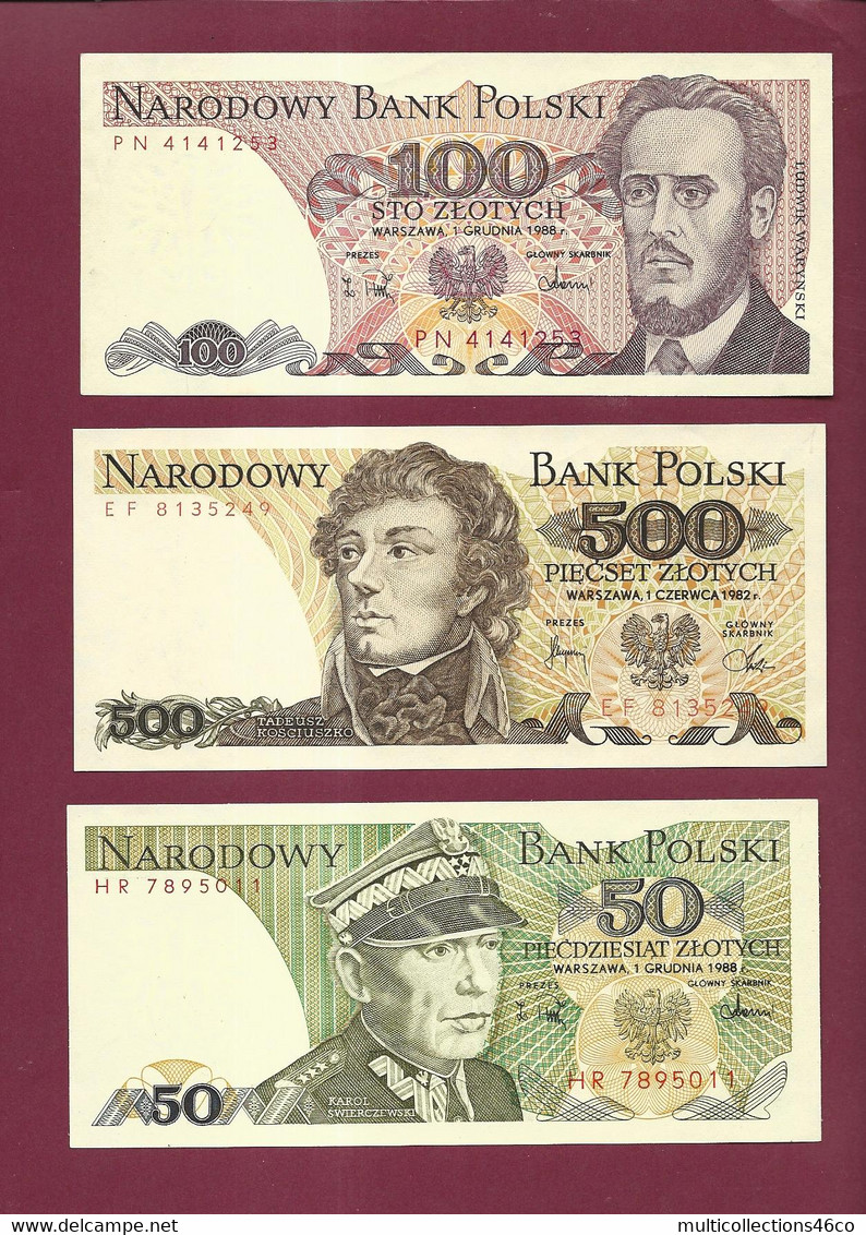 091221 - Billet POLOGNE BANK POLSKI 3 Billets 50 100 Et 500 Zlotych 1982 1988 Neuf - Pologne