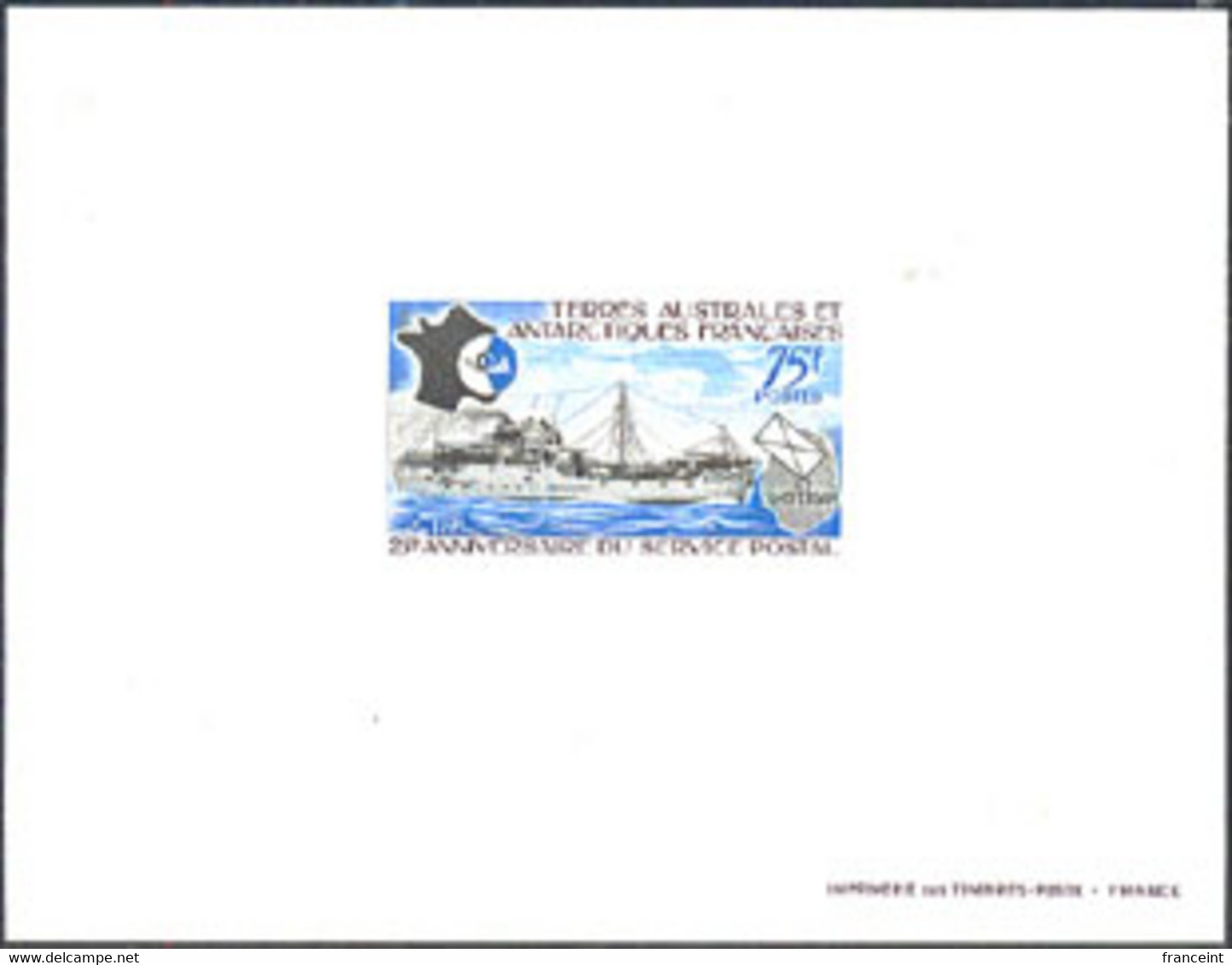 F.S.A.T.(1974) Ship Delivering Mail. Deluxe Sheet. 25th Anniversary Of Postal Service. Scott No 57, Yvert No 54. - Imperforates, Proofs & Errors