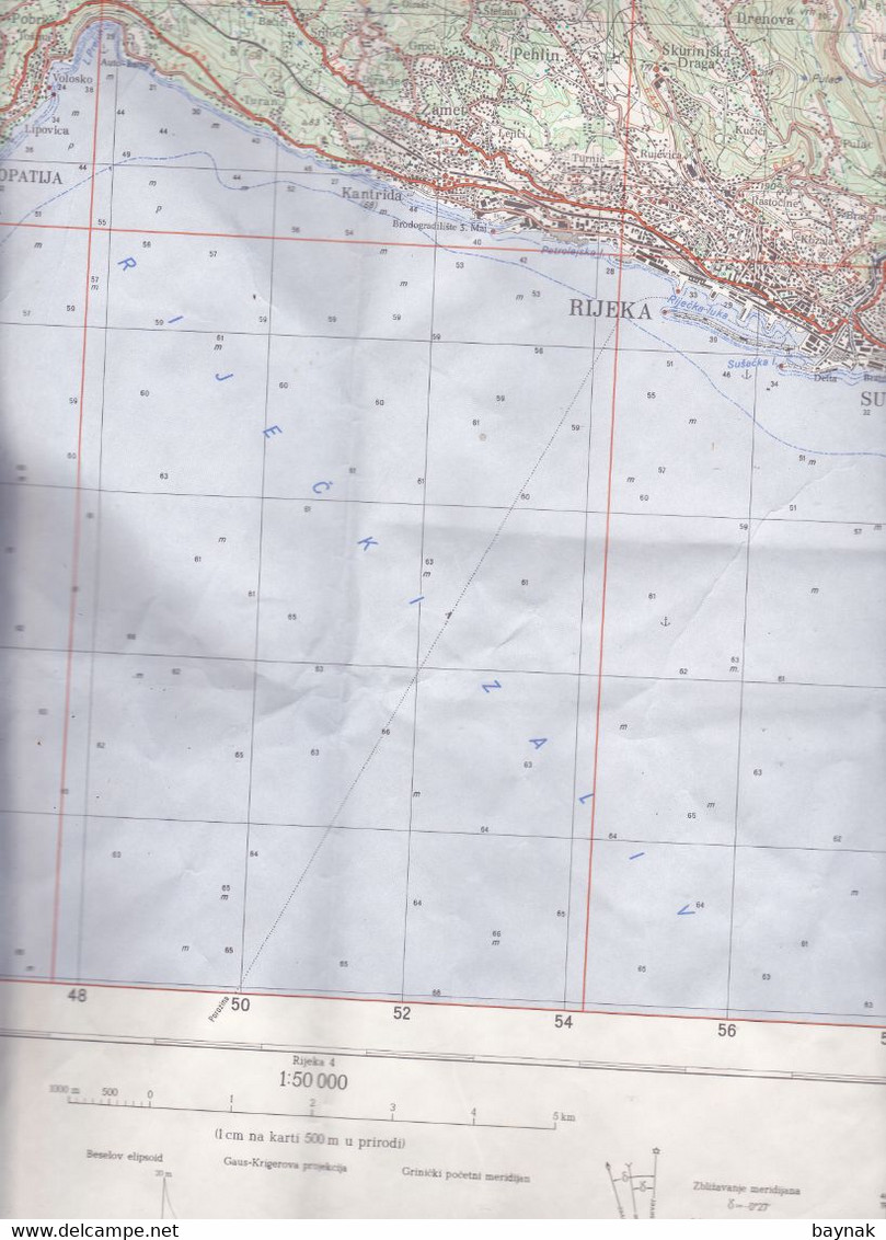 CROATIA   --  RIJEKA   --  TOPOGRAFSKA KARTA  -  MILITARY -JNA  --  IZDAJE:  VOJNOGEOGRAFSKI INSTITUT  -  69 Cm X 48 Cm - Cartes Topographiques