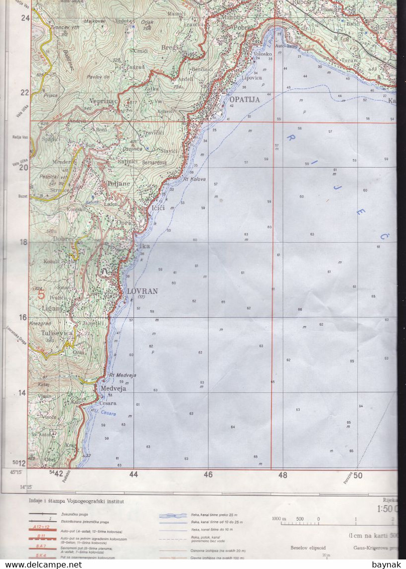 CROATIA   --  RIJEKA   --  TOPOGRAFSKA KARTA  -  MILITARY -JNA  --  IZDAJE:  VOJNOGEOGRAFSKI INSTITUT  -  69 Cm X 48 Cm - Cartes Topographiques