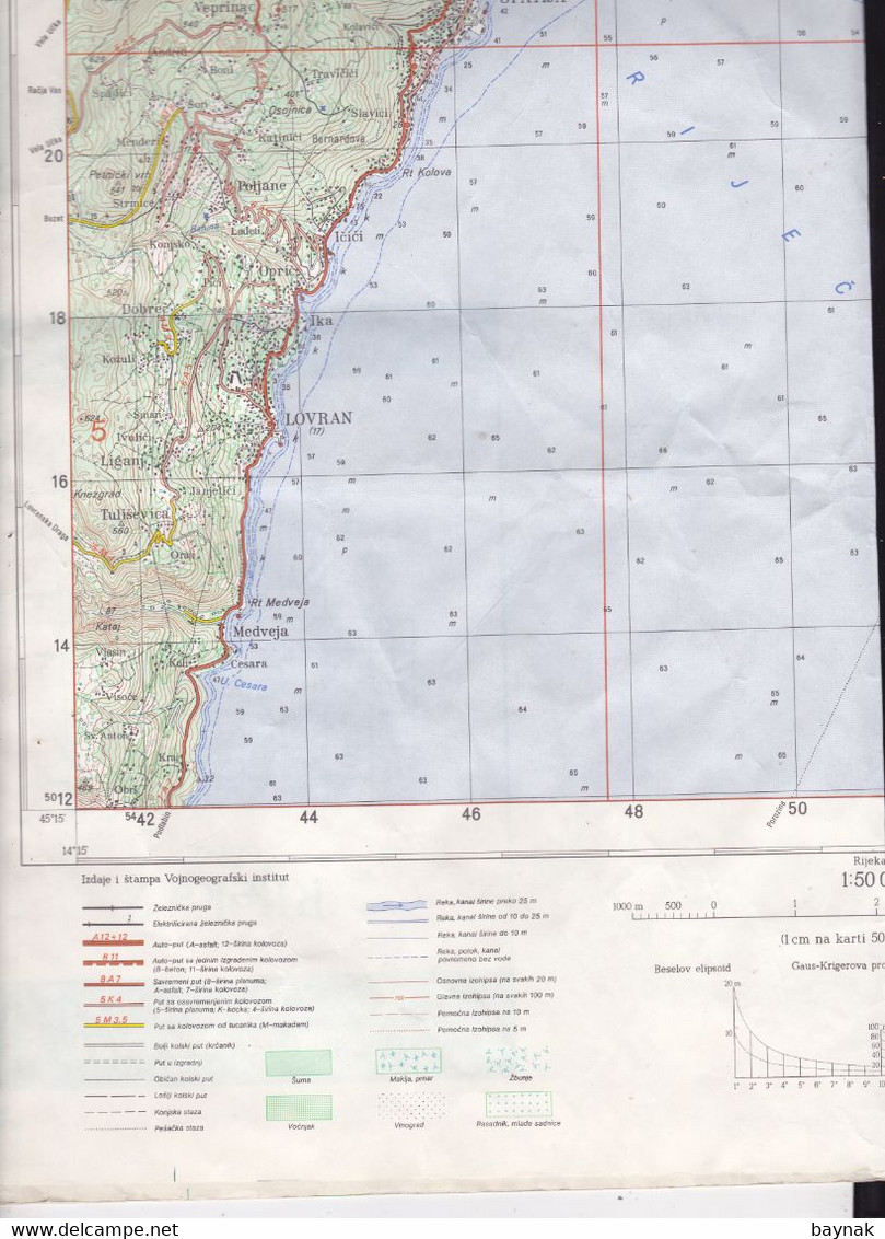 CROATIA   --  RIJEKA   --  TOPOGRAFSKA KARTA  -  MILITARY -JNA  --  IZDAJE:  VOJNOGEOGRAFSKI INSTITUT  -  69 cm X 48 cm