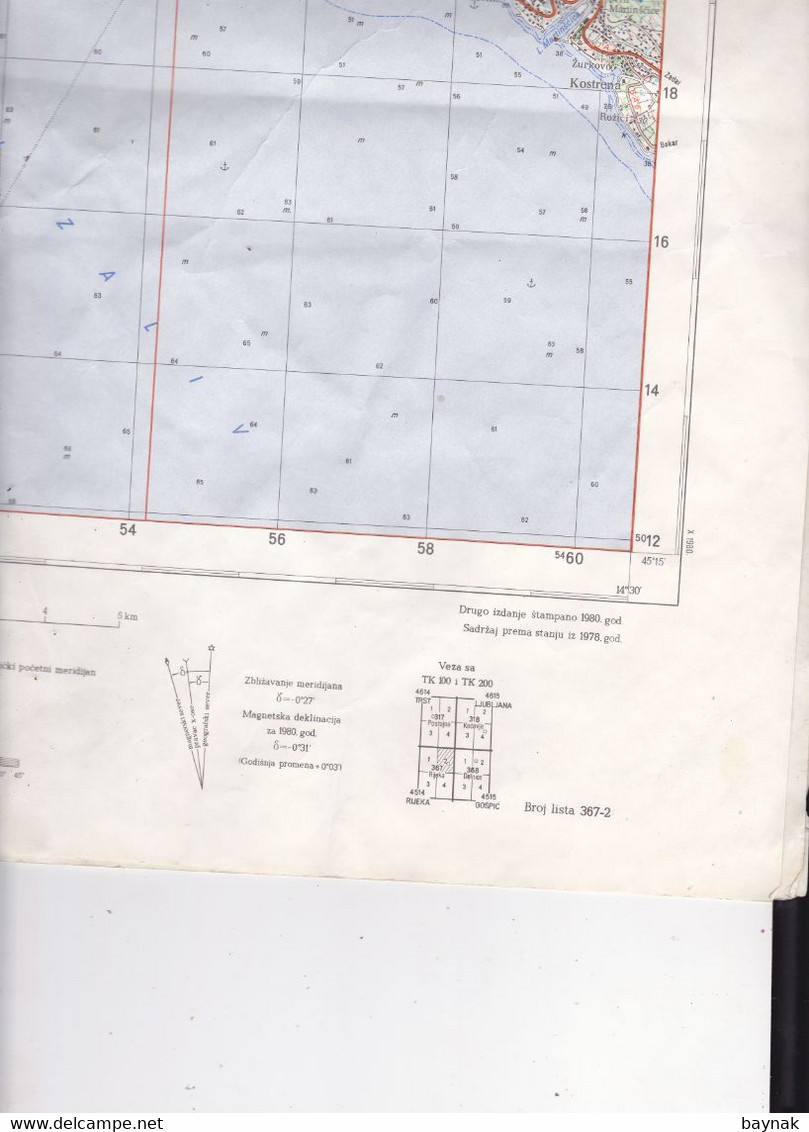 CROATIA   --  RIJEKA   --  TOPOGRAFSKA KARTA  -  MILITARY -JNA  --  IZDAJE:  VOJNOGEOGRAFSKI INSTITUT  -  69 cm X 48 cm