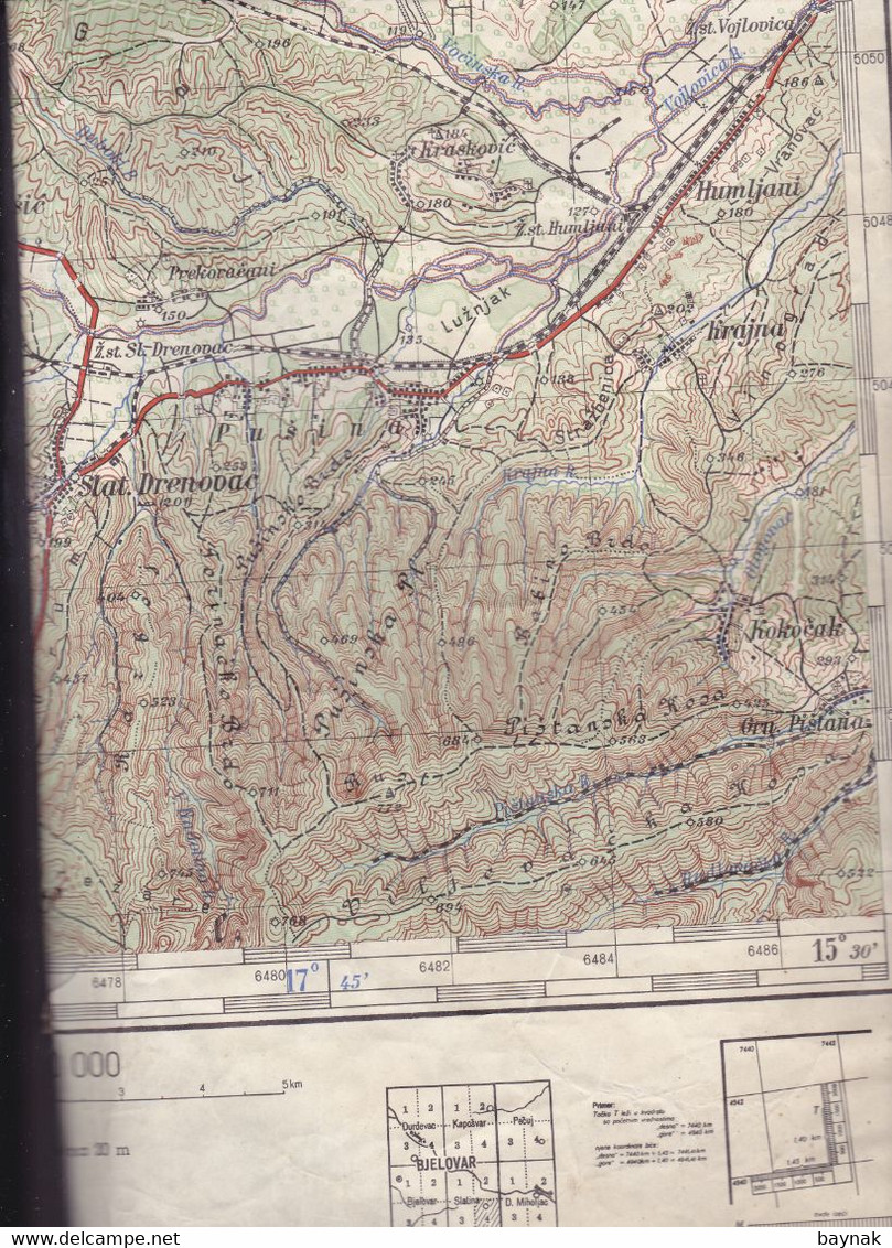 CROATIA   --  SLATINA  --  TOPOGRAFSKA KARTA  -  MILITARY -JNA  --  IZDAJE:  VOJNOGEOGRAFSKI INSTITUT  -  68 Cm X 48 Cm - Cartes Topographiques