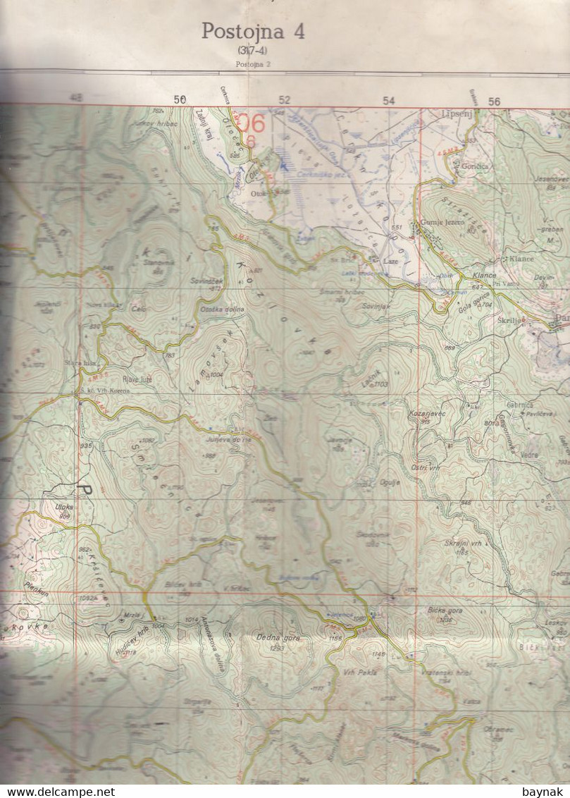 SLOVENIJA  -  POSTOJNA  --  TOPOGRAFSKA KARTA  -  MILITARY - JNA  -- IZDAJE:  VOJNOGEOGRAFSKI INSTITUT  -  68 Cm X 48 Cm - Cartes Topographiques