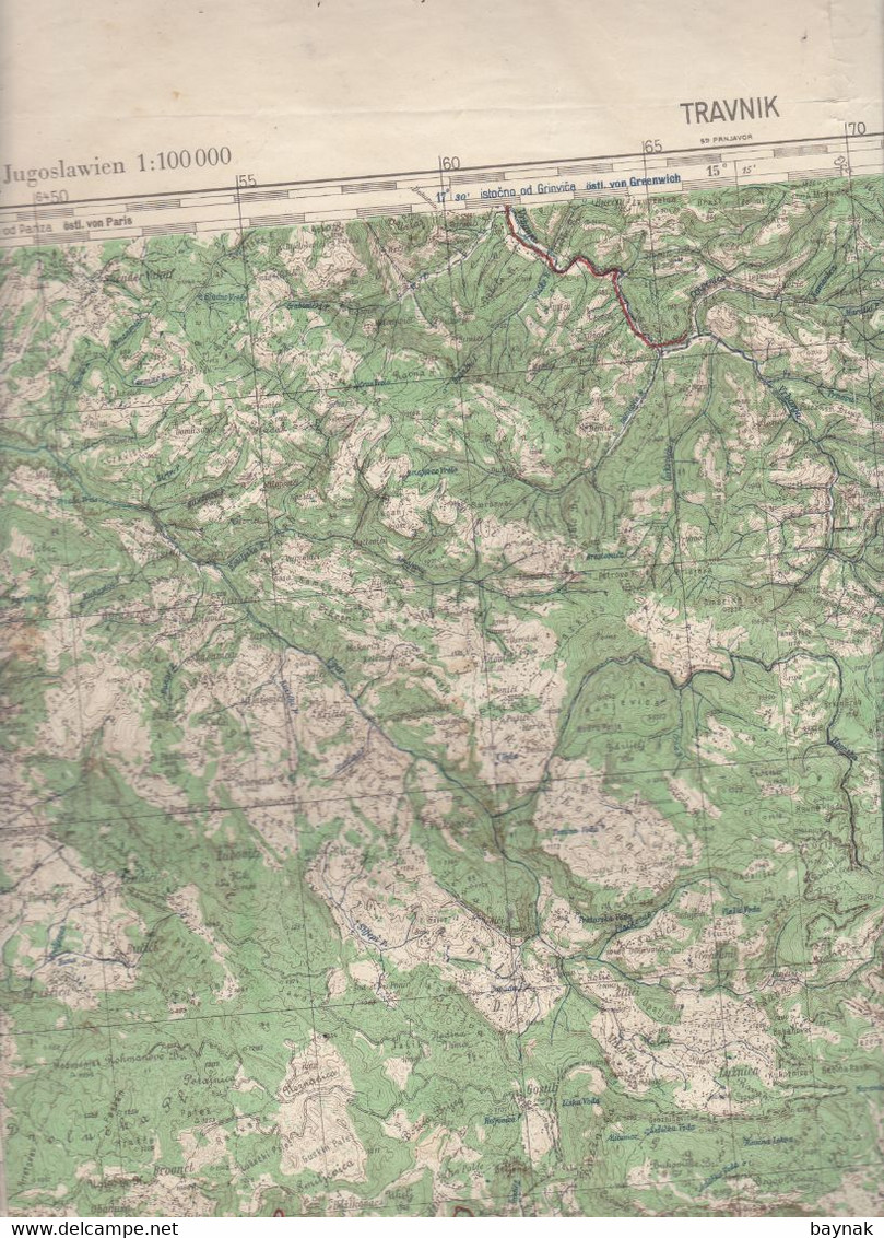 BOSNA  -  TRAVNIK --  TOPOGRAFSKA KARTA  -  MILITARY -  1935  -- IZDAJE:  KINGDOM OF YUGOSLAVIA  -  74 Cm X 49 Cm - Cartes Topographiques