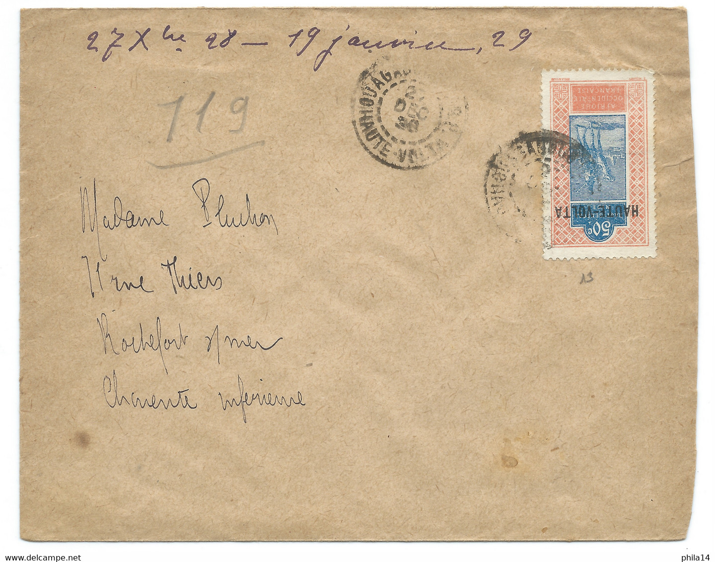 SP COVER ENVELOPPE AOF SURCHARGE HAUTE VOLTA / OUAGADOUGOU 1928 POUR ROCHEFORT SUR MER FRANCE - Briefe U. Dokumente