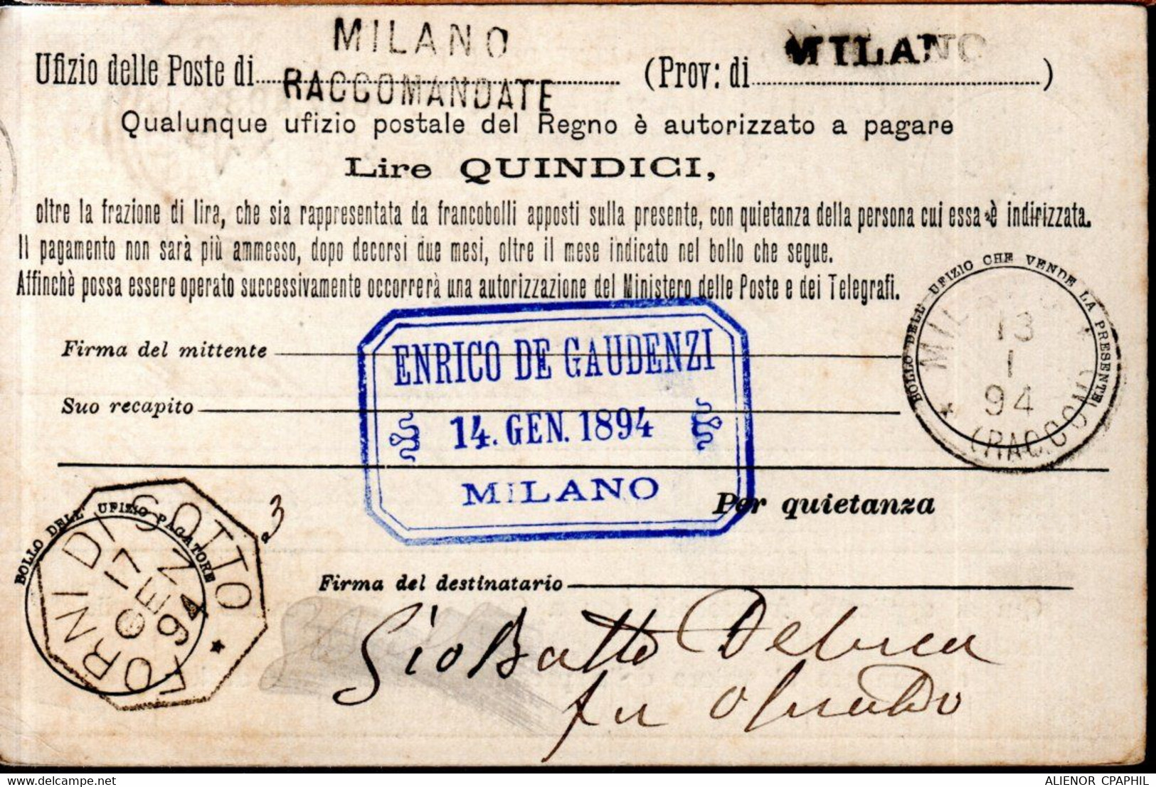 CARTE MANDAT POSTE OFFICIEL 1894 - POSTEE A MILANO  - CACHET POSTAL ARRIVEE FORNI DI SOTTO - - Entero Postal