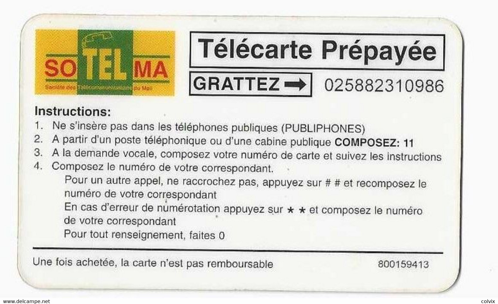 MALI RECHARGE SOTELMA 60U AU VERSO (ligne Une Fois Achetée, La Carte N'est Pas Remboursable) EN DESSOUS DU TRAIT - Malí