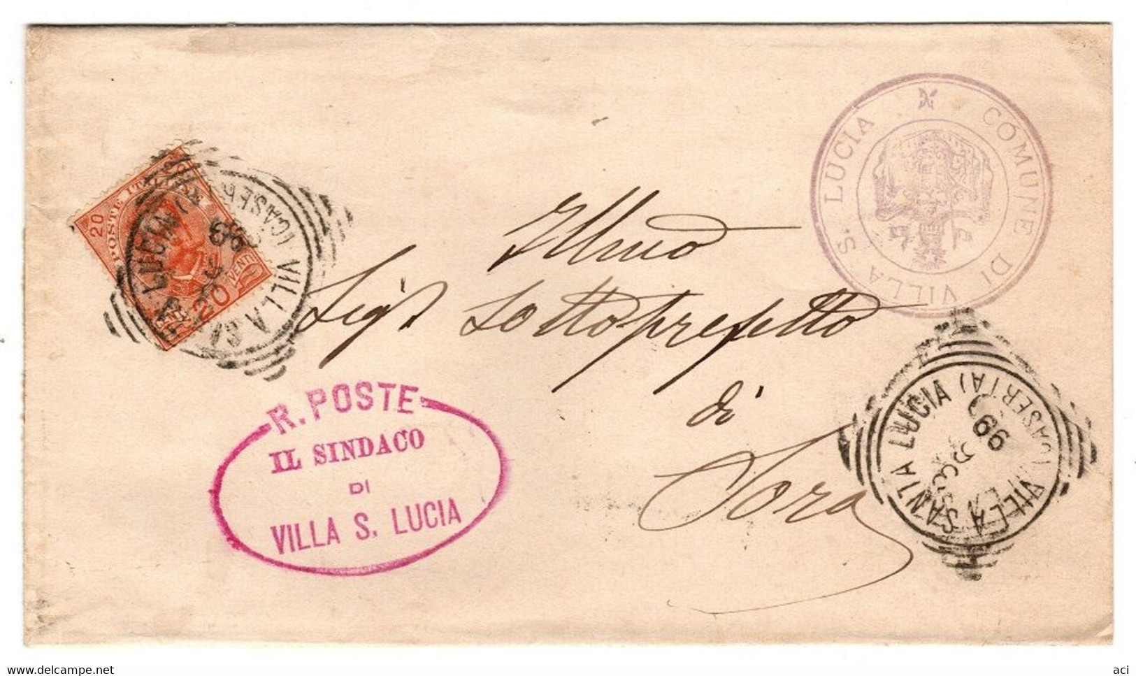 Italy  1899    Lettera Con 20c Arancio Da Villa S Lucia A Sora - Marcophilia