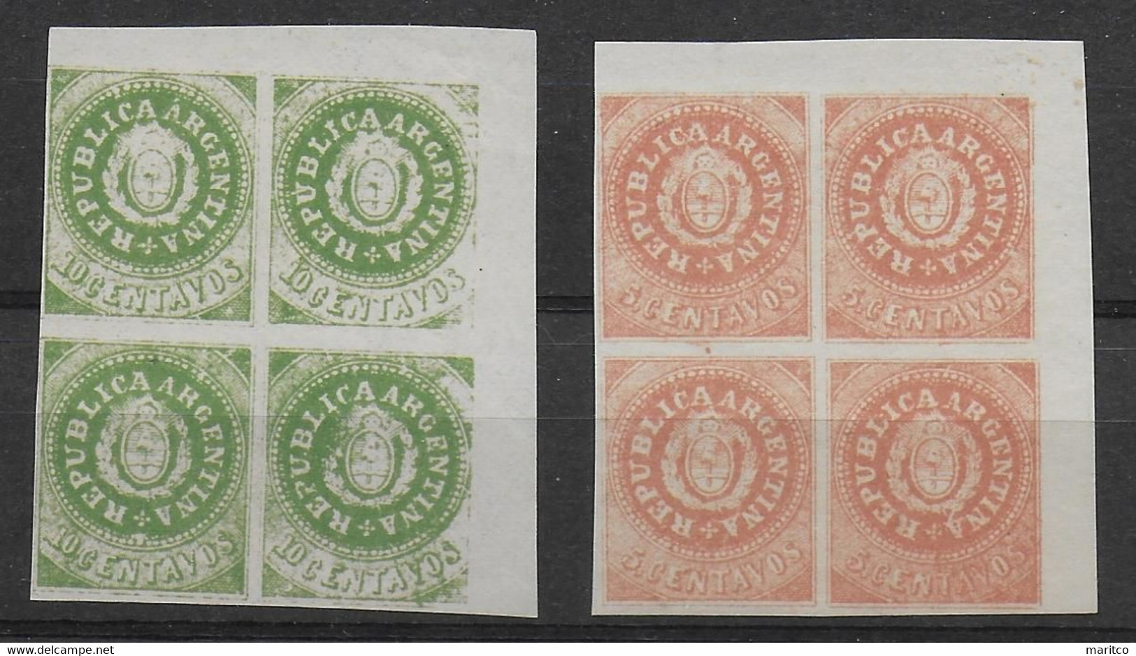 Argentina 1862 Blocks Of 4,  5 And 10 Centavos - Unused Stamps