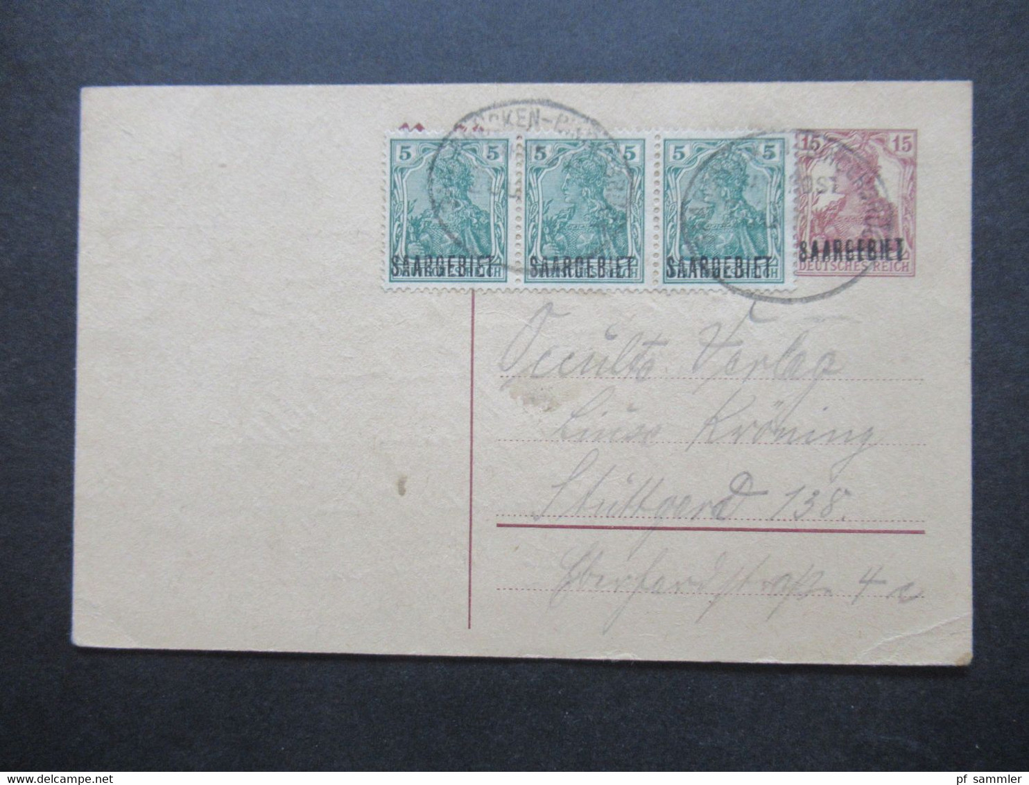 Saargebiet 1920 Ganzsache P2 Mit 3x Zusatzfrankatur Germania 3er Streifen! Bahnpoststempel Saarbrücken - Bingerbrück - Covers & Documents