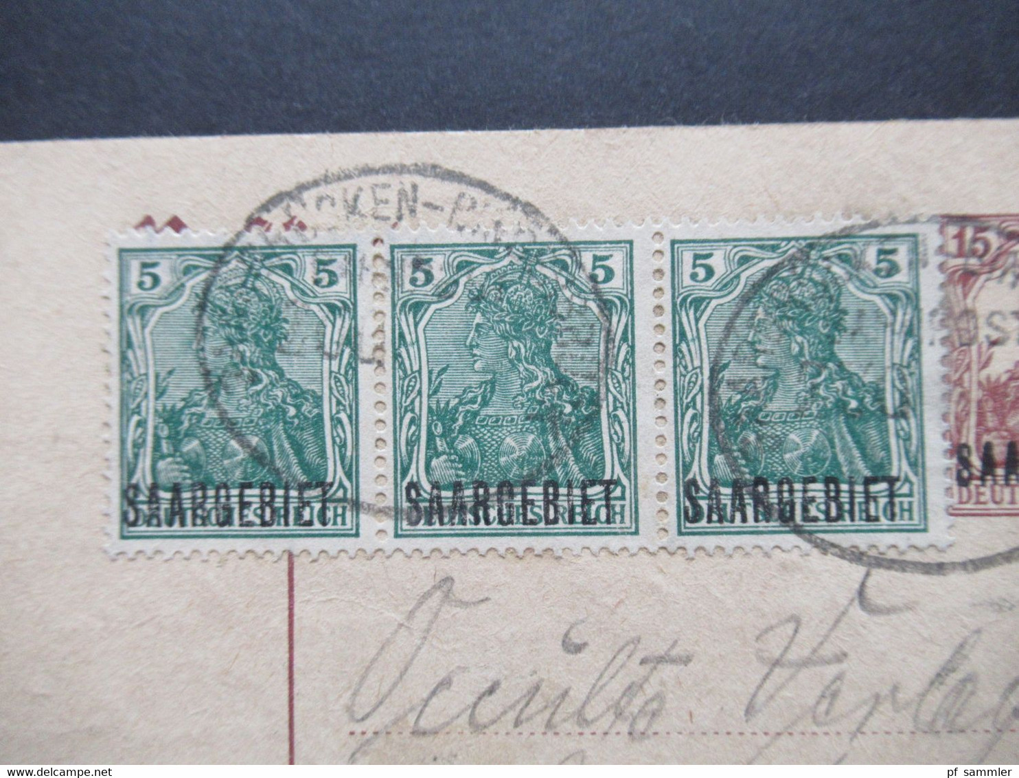 Saargebiet 1920 Ganzsache P2 Mit 3x Zusatzfrankatur Germania 3er Streifen! Bahnpoststempel Saarbrücken - Bingerbrück - Covers & Documents