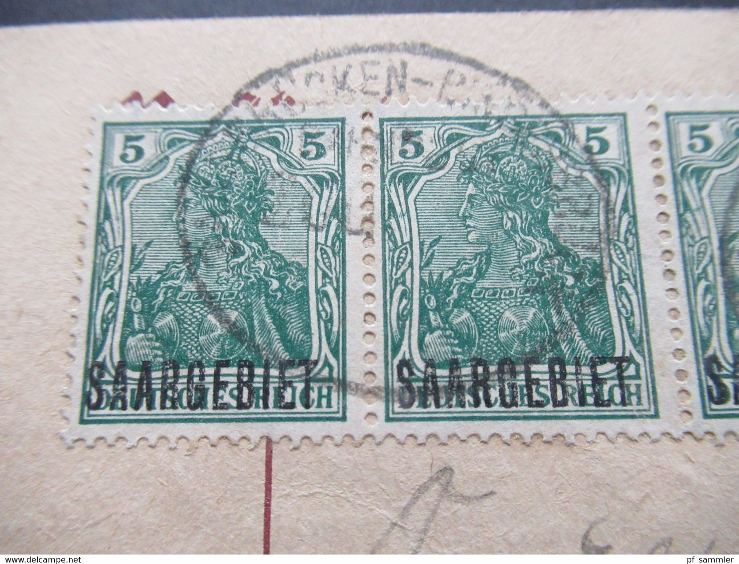 Saargebiet 1920 Ganzsache P2 Mit 3x Zusatzfrankatur Germania 3er Streifen! Bahnpoststempel Saarbrücken - Bingerbrück - Brieven En Documenten