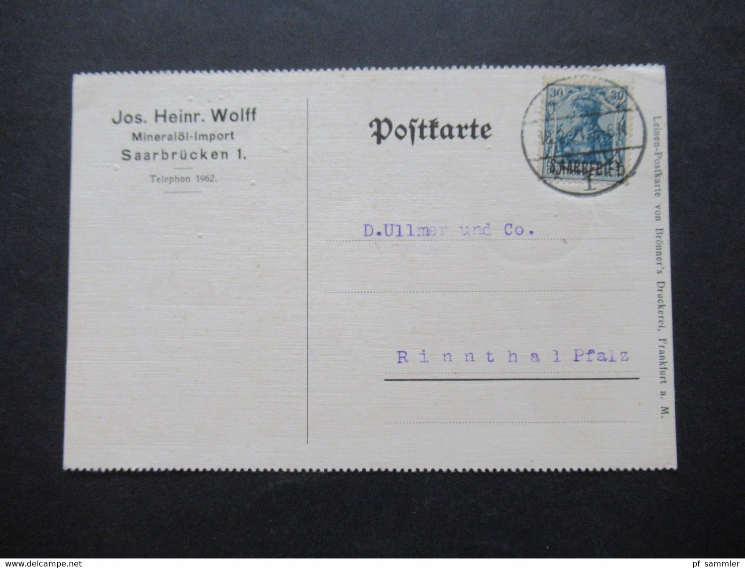 Saargebiet 17.2.1921 (frühe Verwendung) Michel Nr.47 EF Auf Firmen PK Jos. Heinr. Wolff Mineralöl Import Saarbrücken - Lettres & Documents