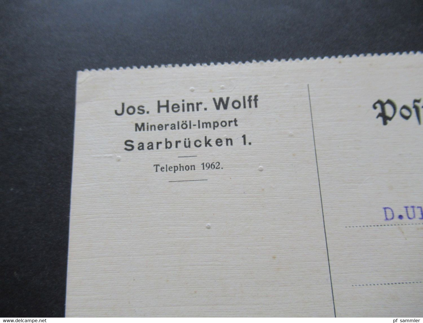 Saargebiet 17.2.1921 (frühe Verwendung) Michel Nr.47 EF Auf Firmen PK Jos. Heinr. Wolff Mineralöl Import Saarbrücken - Cartas & Documentos