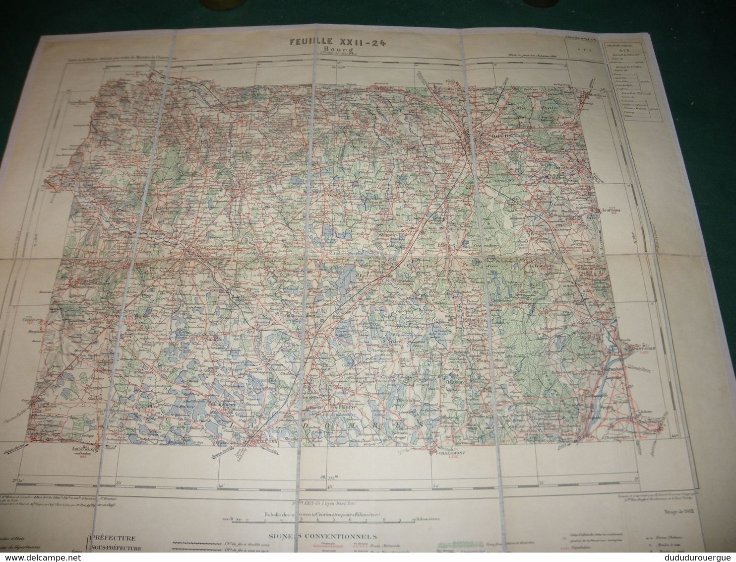 BOURG :  CARTE DRESSEE PAR ORDRE DU MINISTERE DE L INTERIEUR ,  TIRAGE DE 1912 ,  CARTE  TOILEE - Cartes Topographiques