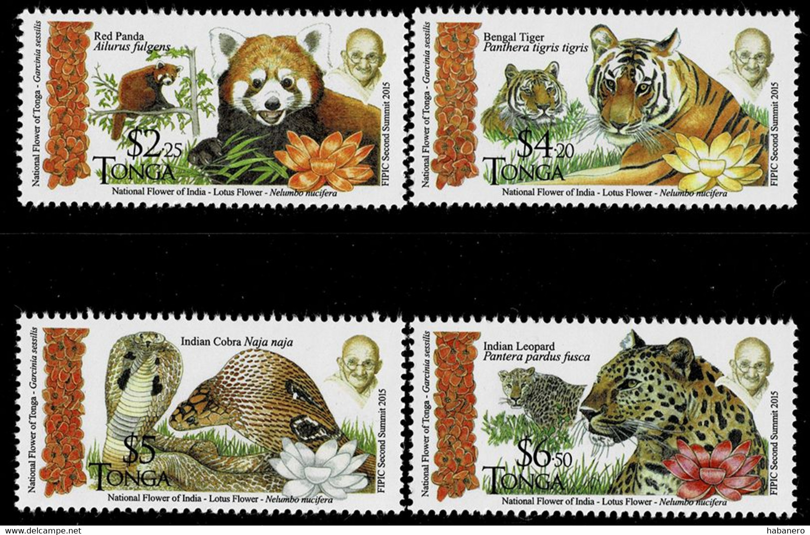 TONGA 2016 Mi 2074-2077 GANDHI & INDIAN ANIMAL MINT STAMPS FACE VALUE $18 - Tonga (1970-...)