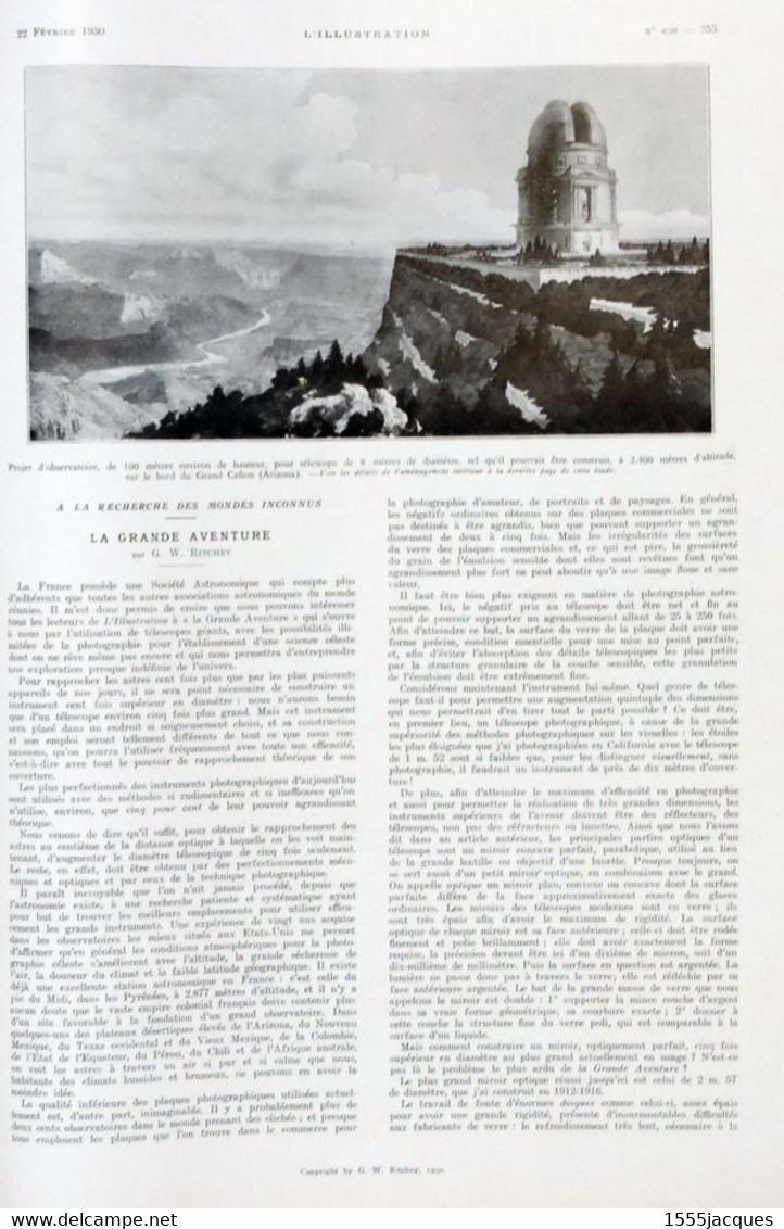 L'ILLUSTRATION N° 4538 22-02-1930 SIMONOF PONDICHÉRY HERNANI SUEZ COURMAYEUR OLÉRON SAINTE-CHAPELLE ASTRONOMIE HOCKEY