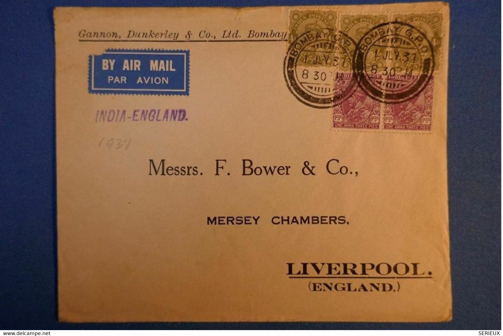 491 INDE BELLE LETTRE 1937 BOMBAY PAR AVION A LIVERPOOL + AFFRANCHISSEMENT PLAISANT 2 PAIRES CACHET INDIA -ENGLAND - 1911-35  George V